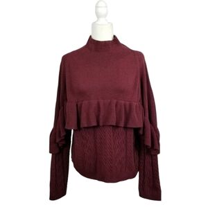 Project Naadam maroon red mock neck ruffle cable knit sweater women's  M NWT